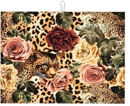 Alfombrilla Secado para Platos Estampado Retro De Leopardo con Flower Alfombrilla Secado Imprimir Escurridor Estera De Secado, para Vajilla, Fruta, Mostrador, 41x46cm