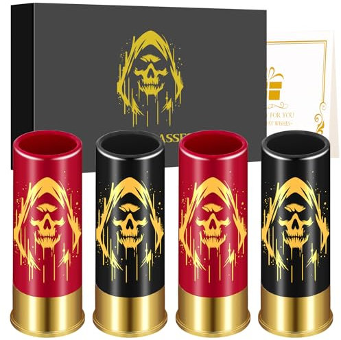 Verres à Shot avec Crâne avec Chapeau, Lot de 4, avec Boîte Cadeau, pour Hommes et Femmes, Fans Gothiques, Mariage, Fête, Anniversaire, Halloween, 12 GA Petits Verres à Shot, Plastique, Noir et Rouge