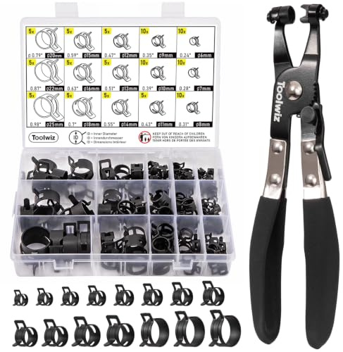Toolwiz 100Pcs 6-25mm Spring Band Hose Clamp Assortment with Swivel Clamp Pliers, Constant Tension Radiator Hose Clamps, Black Hose Clips for Fuel Line, Silicone Vacuum Hose, Air Tube, Water Pipe