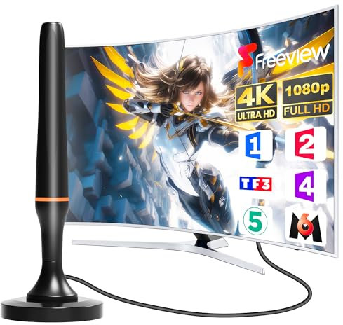 Antenne TV Intérieur Puissante TNT HD, 2025 Haut Puissante Antenne TV Intérieur avec Base magnétique - 226KM Réception Longue Distance 360°, Compatible avec TVs Portable 4K 1080P et Tous Les TVs