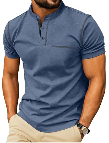 PrinStory Men'S Henley T-Shirts Summer Short Sleeve T-Shirts Casual Lightweight Tee Henley Top With Front Pocket (Vg Blue, L)