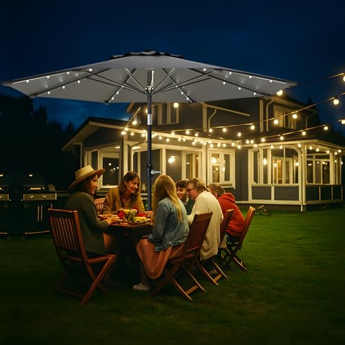 Parasol Inclinable 3M,Parasol de Jardin Extérieur， Lumineux Solaire 24 LED,Parasol Droit,Manivelle，Protection UV，Polyester 180g/m²，Hauteur Réglable, Parasol Plage pour Balcon, Jardin,Terrasse,Gris