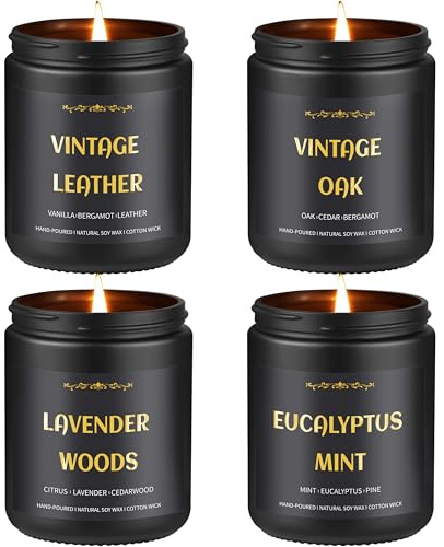 Duftkerzen für Männer, 4er-Set Herrenkerzen, Sojakerzen für den Duft zu Hause, maskuline Kerze für ihn, 28 oz, 200 Stunden Brenndauer, Aromatherapie-Kerzen aus Lavendel/Eukalyptus/Leder/Eiche