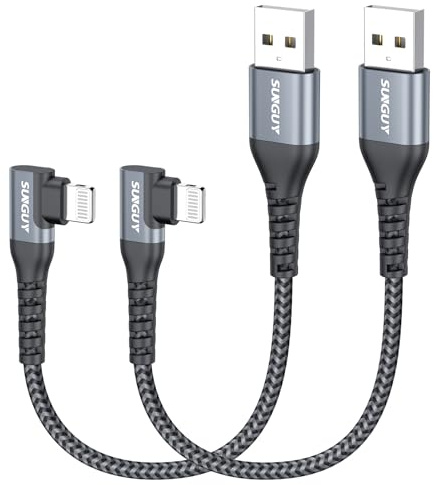 SUNGUY USB-A to Light-ning Cable Right Angle,[0.5FT 2Pack] Short USB to Light-ning Charger Cord 90 Degree Nylon Braided Compatible with i-Phone 14/13/12/11 Series X SE i-Pad9/mini -Grey