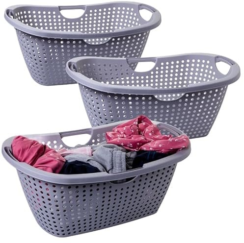 2friends Wäschewanne 3er Set, Großer Wäschekorb mit Belüftungslöchern, 60x40x26cm, Kunststoff, Ergonomische Griffe, Stapelbar, Leicht, Made in EU, Grau, Perfekt für Haushalt & Waschküche