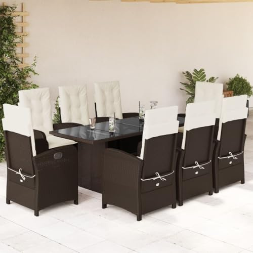 Runheo 9-TLG. Garten-Essgruppe mit Kissen, Braun Poly Rattan, verstellbare Stühle, Glastisch, UV-beständig, für Garten, Terrasse
