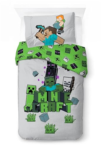 Minecraft Bettwäsche Einzelbett - Bettbezug 140x200 cm + Kissenbezug 50x70 cm, 100% Baumwolle | Weiches, Farbenfrohes und Wendbares Bettwäscheset für Kinder | Minecraft Design (Bauen & Erkunden)