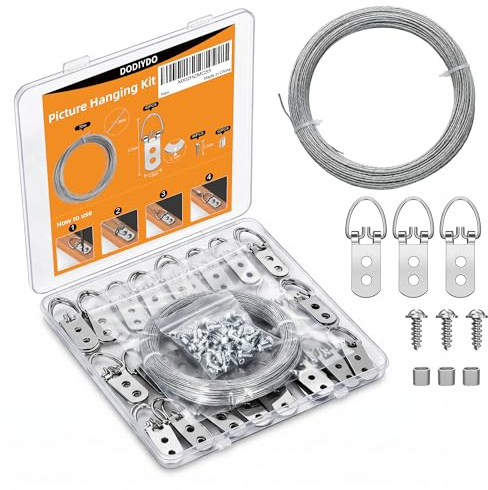40 Sets Picture Hooks with 30 Metres Wire and Screws, 2-Hole D-Ring Heavy Duty Frame Hangers, Picture Hanging Kit for Mirrors, Clocks, Paintings, Artwork and Photo Frames(silver-171PCS)