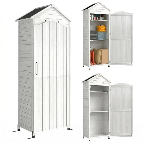 Outsunny Armario Madera cobertizo Extra Alto 85x58x213 cm Blanco | Estante ajustable, Puerta magnética, Techo galvanizado, Ventilación, Antivuelco, cobertizo para terraza jardín