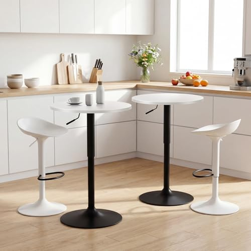 Ckaff 2er Set 2in1 Bartisch Runder Bistrotisch, Stehtisch 360° Drehbar Höhenverstellbar 70–91.5cm, Ø 60cm Partytisch aus Metall für Klub Wohnzimmer Küche Balkon Bar, Weiß