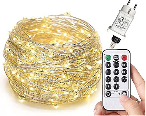 Gresonic 200/300er LED Mikro Silberdraht Lichterkette Strombetrieb Deko für Innen Außen Warmweiß (Warmweiß 8 Modi Timer Dimmbar, 300LED)