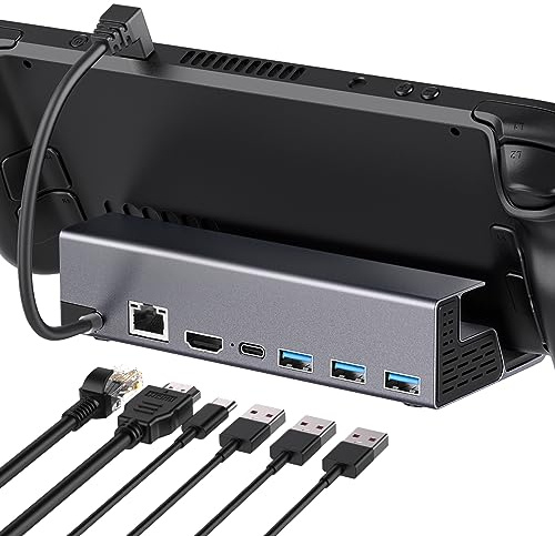 6 en 1 Docking Station Compatible avec Steam Deck/OLED/ROG Ally X/Legion Go, Dock Steam Deck avec HDMI 2.0 4K@120Hz, 100 Mbps Ethernet, 3 Ports USB-A 3.0, Port USB-C