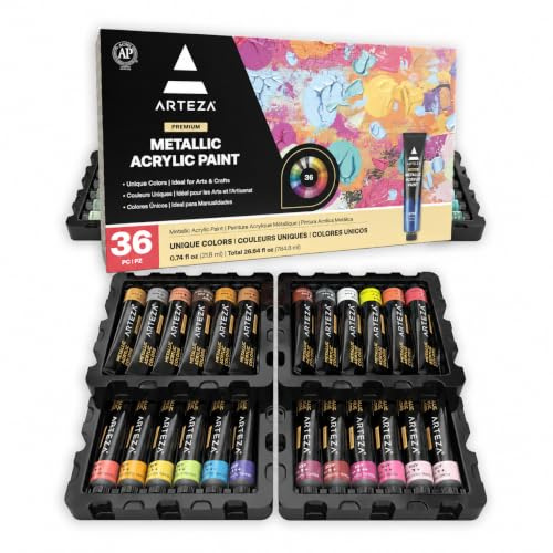 ARTEZA Peinture Acrylique métallisé, 36 Couleurs (tubes de 22 ml) Boîte de rangement, Pigments riches, Peintures non décolorantes non toxiques pour artistes enfants, peindre sur toile