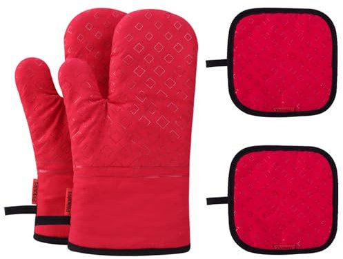 Piduules Set mit 4 Ofenhandschuhen und Topflappen, 482 F hitzebeständig, bewegliche rutschfeste Handschuhe für BBQ, Grill, Backen, Kochen, Ofen, Mikrowelle (rot)