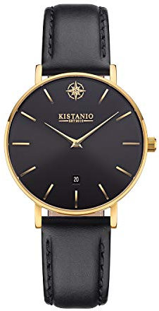 Kistanio Damenuhr Petit Goldfarben Edelstahl Saphirglas mit schwarzem Lederband GO-BLKS-L-BLK