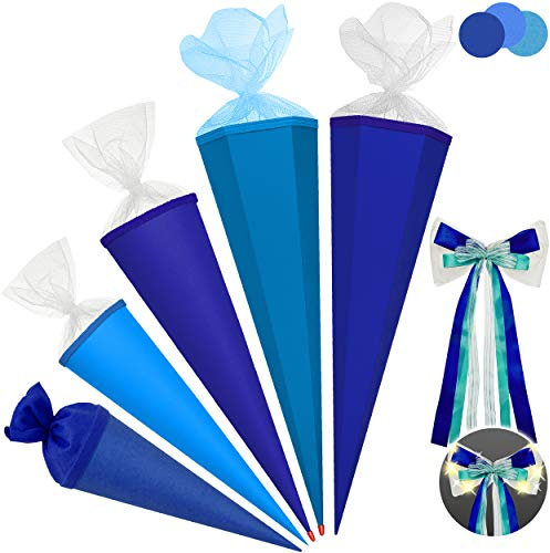 Schultüte - Rohling - hell BLAU - himmelblau - 85 cm - mit Holzspitze - 6 eckig - incl. große LED LICHT - Schleife - Tüllabschluß - Zuckertüte - Roth - Jungen..
