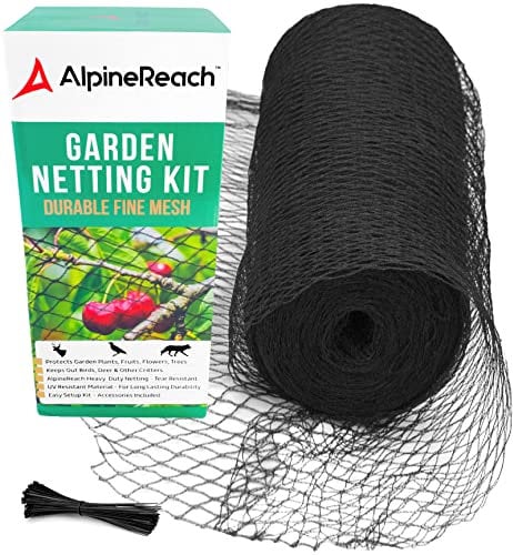 AlpineReach 4,5m x 9m Vogelschutznetz Gartennetz Feinmaschig (15 x 15mm) Extra Stark Gewebtes Netz, Vogelnetz, Obstbaumnetz, Katzennetz, engmaschig Laubnetz, Kabelbinder, Wiederverwendbar, Schwarz
