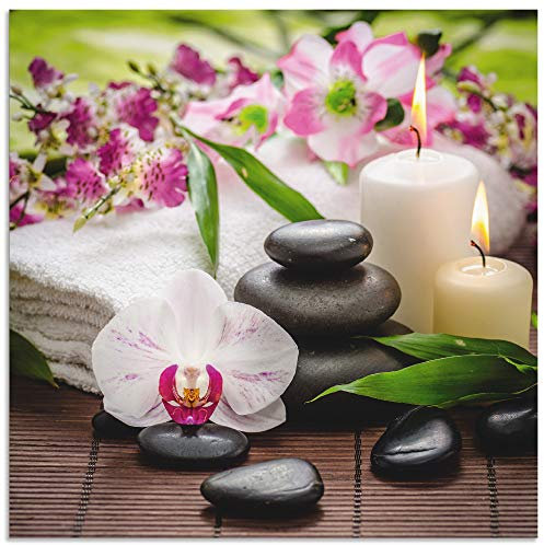 ARTLAND Wanddeko Wandbild Alu Verbundplatte für Innen & Outdoor Bild 40x40 cm Quadratisch Asien Wellness Zen Steine Spa Orchideen Blüte Kerze Pink Rosa K3AD