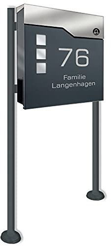 Zalafino Standbriefkasten mit FUNKKLINGEL ANTHRAZIT - aus pulverbeschichtetem Stahl - mit Zeitungsrolle, Sichtfeldern und Standfuß …