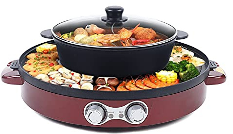 Elektrisch Hot Pot Tischgrill 2 in 1 Korean Barbecue Grill Haushalts-Hot-Pot 2200W Doppelte Trennung Elektropfanne, 44cm Grillpfanne, Rauchfreie Antihaftbeschichtung (Rot)