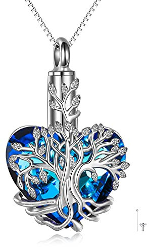 YFN Baum des Lebens Urnenhalskette für Asche Herz Feuerbestattung Schmuck Sterling Silber mit blauem Kristall mit Trichterfüller Schmuck Geschenke für Frauen Mädchen