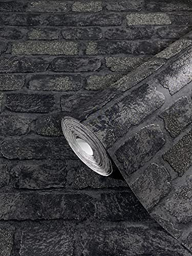 marburg Papel Pintado Efecto Piedra Ladrillo 3D Negro Estilo Industrial para Salón, Cocina o Dormitorio 10,05 x 0,53 m