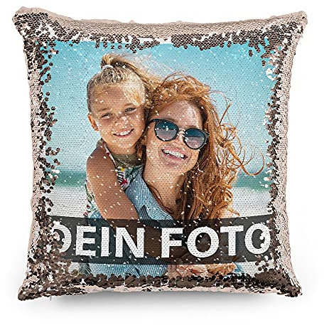 PR Print Royal Foto-Kissen selbst gestalten - Bedruckte rosé-goldene Wendepailletten, individuell mit Foto und Text I Personalisiertes Geschenk, Deko-Kissen mit Füllung, 40 x 40cm
