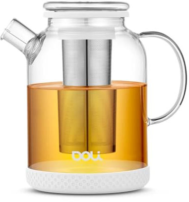 Doli 1,5L Teekanne Glas mit Siebeinsatz White - Langes Edelstahl Sieb für pures Aroma - für heiße & kalte Getränke - Spülmaschinenfest - BPA-frei