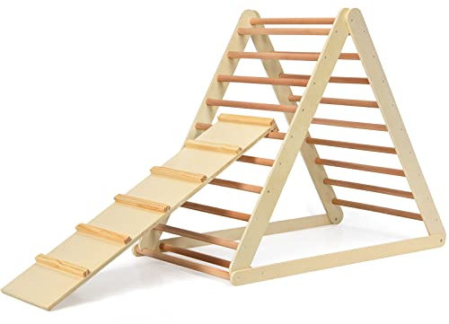 GOPLUS Kletterdreieck mit Rutsche, Klappbare Hühnerleiter, Sprossenwand aus Holz, Indoor Spielplatz mit 60 kg Belastbar, mit Regenbogen-Stufen, für Kinder von 3 Jahre bis zu 6 Jahre (Natur)