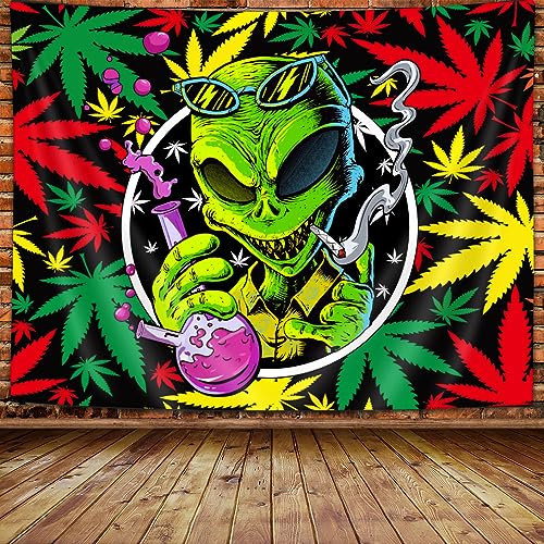 Wathon Trippy Weed Marihuana Tapisserie Cool Alien Marihuana Leaf Wandteppich für Schlafzimmer, psychedelic Tie Dye Stoner Wanddekoration, 152x101 cm