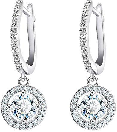 KristLand Damen Elegante Ohrringe mit AAA Zirkonia Form Ohrringe mit Wei Gold vergoldet Hochzeiten Luxus Frauen Schmuck Geschenkbox Weißer runder Anhänger