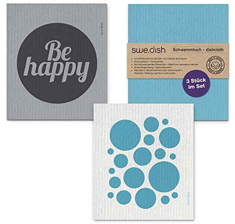 Sanni Shoo Kompostierbare Schwammtücher, Lappen, Spültücher mit Motiv aus Baumwolle und Zellulose = Holz. Nachhaltig, kompostierbar, hochwertig, Geschenk u. Deko, 3-er Set Thema DOTS türkis