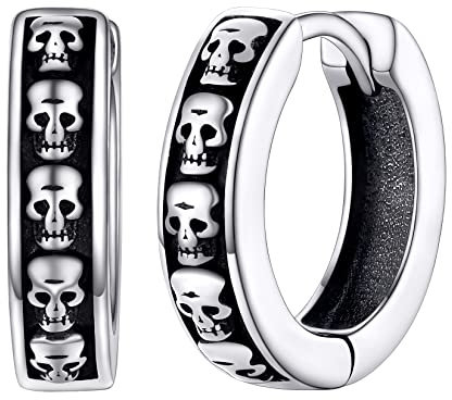 Silvora Totenkopf Ohrring Creolen S925 Silber Schädel Design Creolen Huggie Ohrstecker Unisex Punk Kleine Totenkopf Creolen Hoop Kreis für Herren Männer Junge
