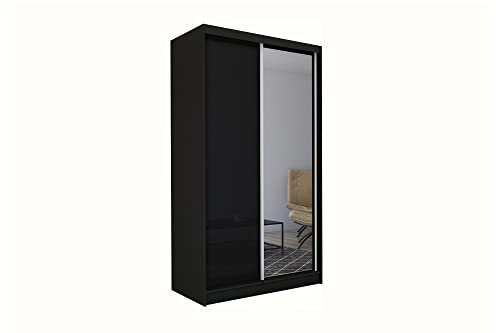 ALTDECOR Kleiderschrank mit Spiegel und Schiebetüren, kugelgelagerte Führungsschienen und Aluminium-Leisten, LED-Beleuchtung (weiß + 16 Farben) und Fernbedienung - Parti - 150 cm Schwarz