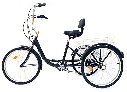 SanBouSi 24 Zoll Fahrrad Erwachsenen Dreirad Cityräder 6 Geschwindigkeit 3 Rad Fahrrad Dreirad mit Korb Rahmen aus Aluminiumlegierung Schwarz