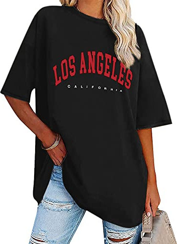 Dresswel Oversized T Shirt Damen Los Angeles California Brief drucken Vintage T-Shirt Kurzarm Rundhals Sommer Oberteile Lose Bluse Lang Tunika Top für Teenager Mädchen