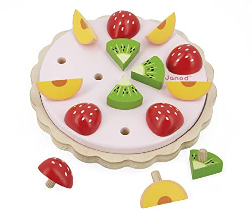 JANOD - Tarte aux Fruits en Bois FSC Twist - Jouet d'Imitation et d'Imagination - 15 Accessoires en Bois - Diamètre 19 cm - Dès 2 Ans, J06628