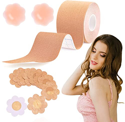 Phantasy Boob Tape,Reggiseno Invisibile Adesivo con 1 Rotolo Bandage + 10pcs di Copri Capezzoli + 2pcs di Siliconico Copri Capezzoli Reggiseno Schiena Scoperta, Reggiseno Donna per Abiti da Cerimonia