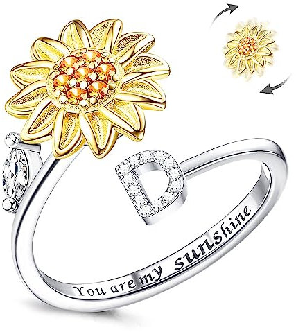 Fidget Ring Für Frauen, Kucheed Sonnenblume, Größenverstellbarer Spinner-Ring, Silber Stapelbar Anti-Stress-Buchstabe Fingerkreis, Graviert 'You Are My Sunshine' Im Inneren Des Schmucks(D)