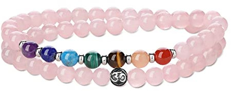 GAVU Bracciale di Quarzo Rosa da Donna con Pietre Naturali Chakra e Charm Om 16.5cm