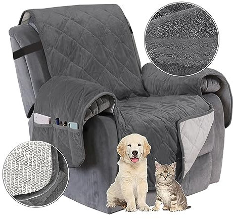 Cakers Ruhesessel Bezüge, Sesselschoner für Fernsehsessel Relaxsessel, Sesselschutz Sofaüberwurf mit Taschen, Stuhl Sesselauflage Sesselüberwurf, Sesselschutz für Hunde Haustieren (Grau)