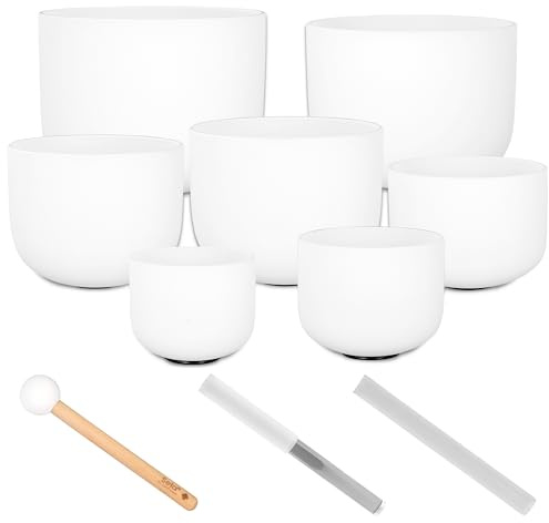 Crystal Singing Bowl Set Frosted 440 Hz (7 Crystal Singing Bowls, 8-14 Inches) Including 3 Mallets (Wood, Crystal Half, Crystal Full)