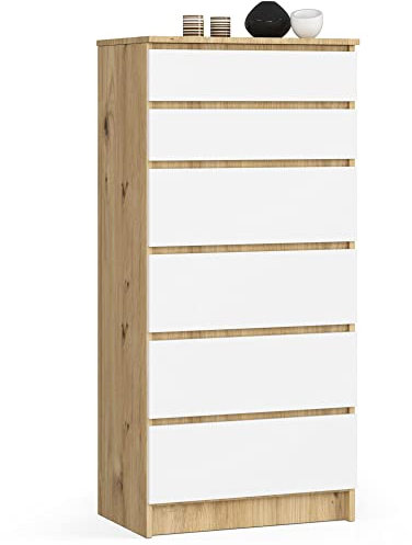 AKORD | Kommode K60 mit 6 Schubladen | für das Wohnzimmer Schlafzimmer Schrank Büro Arbeitszimmer | Modernes Funktionales Design | B60 x H130 x T40 cm, Gewicht 43kg | Eiche Artisan-weiß