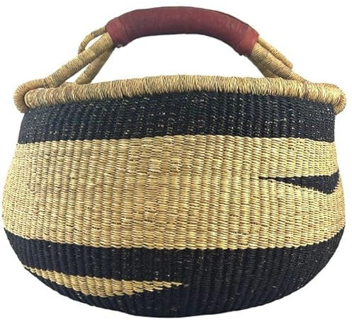 Bolga Korb Afrika - XXL - Das Original aus Ghana - Bunt - Fair Trade - Rund - Viele Farben - Afrikanischer Graskorb mit Ledergriff - Flechtkorb 30-40 cm - Rundkorb mit Wunschdesign (Ho)
