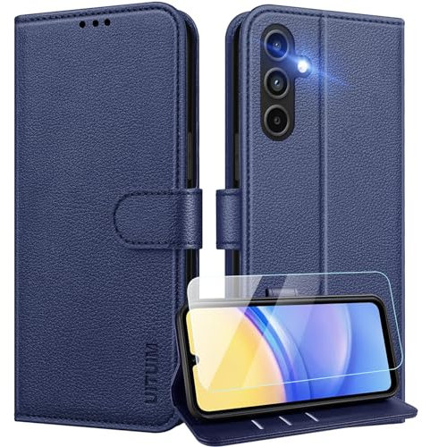 UITUIM Coque pour Samsung Galaxy A15 4G/5G Coque Etui Portefeuille Cuir avec Verre Trempé Protection Écran Porte Carte Rabat Clapet Flip Case Étui Cover Housse Etui pour Samsung Galaxy A15 4G/5G,Bleu