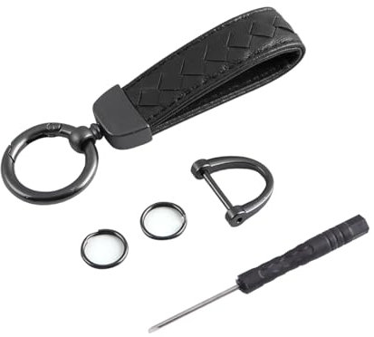 CGEAMDY Porte-Clés Cuir Véritable Pour Les Clés De Voiture, Porte-Clés De Voiture En Métal Et En Cuir Avec Anneau En D Antiperte, Porte-Clés Voiture Peau De Tressée à La Main Accessoires(Noir)