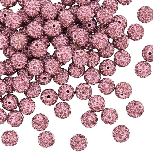 SUNNYCLUE 1 Box 120Pcs 10mm Pave Disco Ball Beads Fuchsia Rhinestone Bead Bulk Small Polymer Clay Glass Pink Purple Round Charms Crystal Diamond Pen Bead for jewellery Making DIY Necklace Bracelet Wom