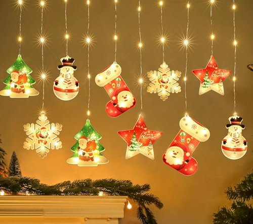 10PCS Luci di Natale da Interno 3D, 3M 100LEDs Luci di Natale Esterno Interno, USB Tenda con Luci a LED, Decorazioni Natalizie Luminose per Finestre, Luci Decorative di Natale per Natale, Finestra