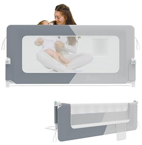 AufuN Bettgitter Bettschuztgitter Portable 150cm, Faltbar Kinderbettgitter für Kinder Babybettgitter Klappbar, Tragbar, Rausfallschutz Bett für Babys und Kinder im Elternbett, Melange grau