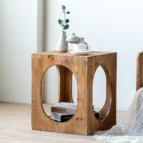 GSKDBCC Quadratischer Beistelltisch im Landhausstil, Beistelltisch mit Holzakzent und Stauraum, rustikaler Vintage-Nachttisch für Wohnzimmer-Schlafzimmer-Couch, Used-Look Chaser of Light